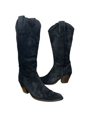 Gerard Darel Paris Black Suede Cowboy Boots 37 Pointed Wing Tip Western Italy